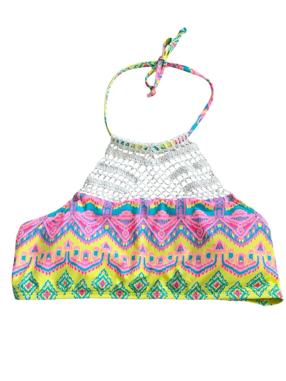 Hobie Girls Crochet Halter Bikini Top with Neon Aztec Print Size 14